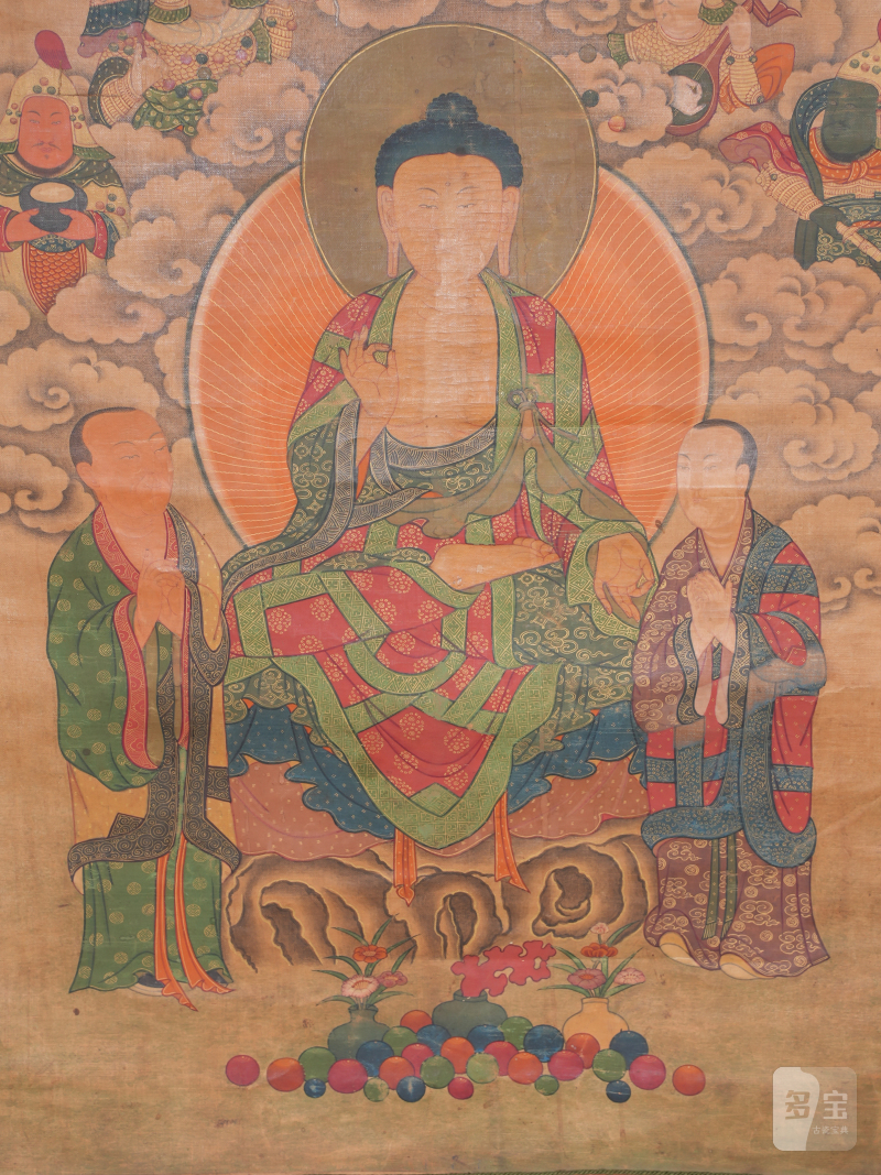 18 世纪 第十世噶玛巴・却英多杰风格 释迦牟尼佛与二弟子唐卡 - 图4
